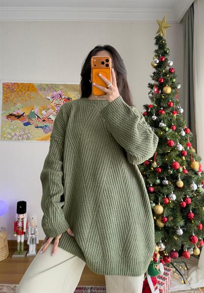 Riane Çizgi Detalı Oversize Kazak Soft Yeşil