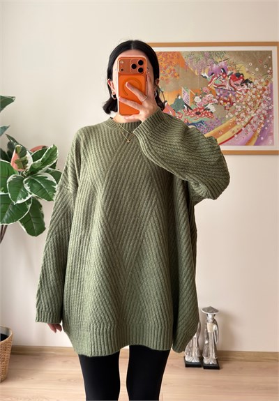 Riane Çizgi Detalı Oversize Kazak Soft Yeşil