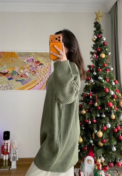 Riane Çizgi Detalı Oversize Kazak Soft Yeşil