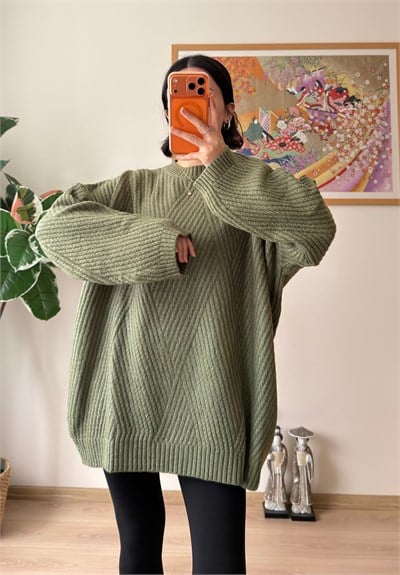 Riane Çizgi Detalı Oversize Kazak Soft Yeşil