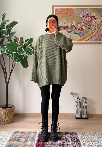 Riane Çizgi Detalı Oversize Kazak Soft Yeşil