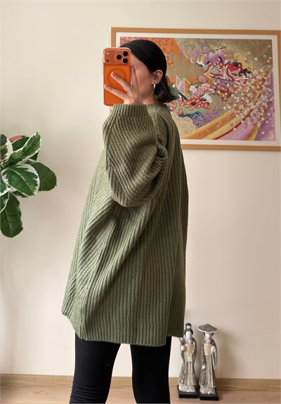 Riane Çizgi Detalı Oversize Kazak Soft Yeşil