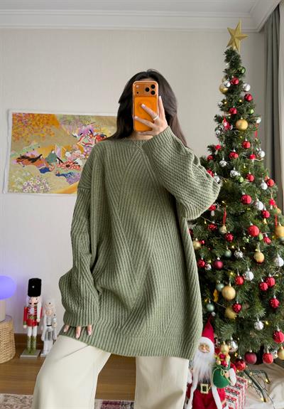 Riane Çizgi Detalı Oversize Kazak Soft Yeşil
