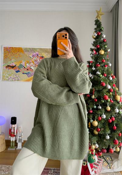 Riane Çizgi Detalı Oversize Kazak Soft Yeşil
