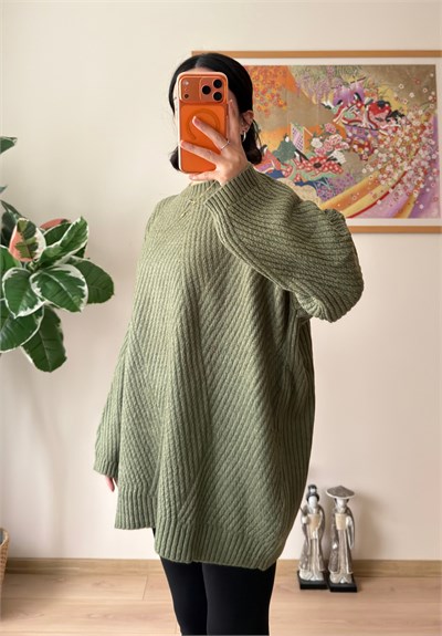 Riane Çizgi Detalı Oversize Kazak Soft Yeşil