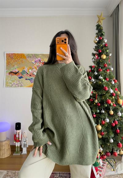 Riane Çizgi Detalı Oversize Kazak Soft Yeşil