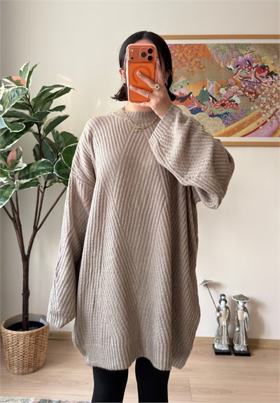 Riane Çizgi Detalı Oversize Kazak Vizon