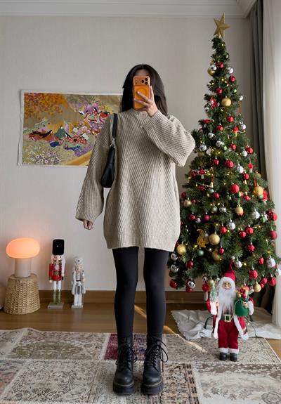 Riane Çizgi Detalı Oversize Kazak Vizon