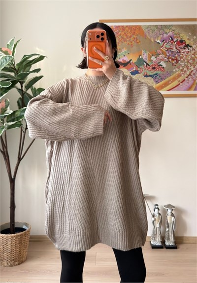 Riane Çizgi Detalı Oversize Kazak Vizon