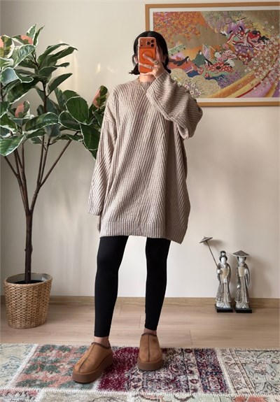 Riane Çizgi Detalı Oversize Kazak Vizon