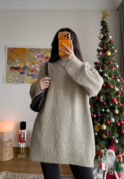 Riane Çizgi Detalı Oversize Kazak Vizon