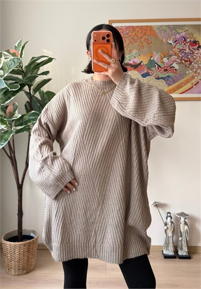 Riane Çizgi Detalı Oversize Kazak Vizon