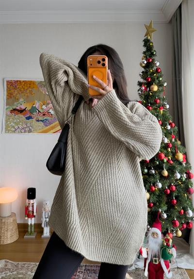 Riane Çizgi Detalı Oversize Kazak Vizon