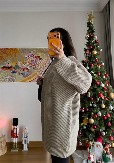 Riane Çizgi Detalı Oversize Kazak Vizon