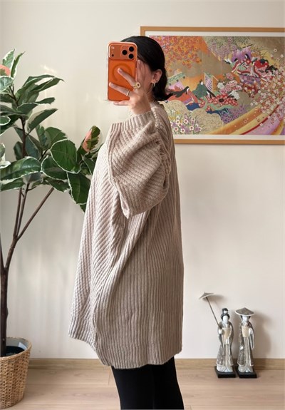 Riane Çizgi Detalı Oversize Kazak Vizon