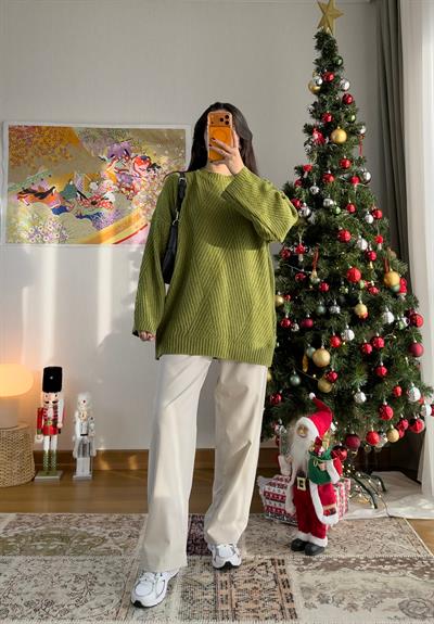 Riane Çizgi Detalı Oversize Kazak Yeşil