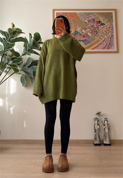Riane Çizgi Detalı Oversize Kazak Yeşil
