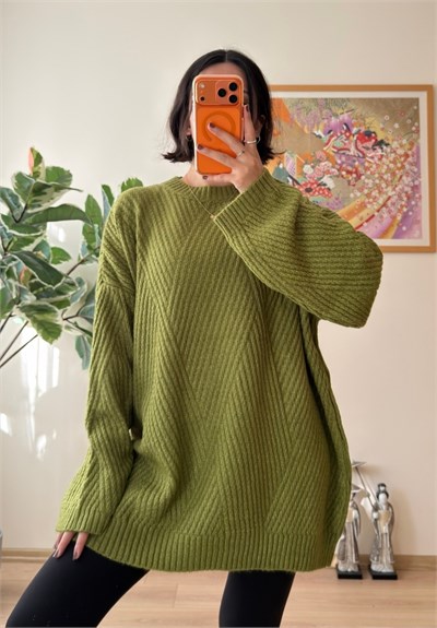 Riane Çizgi Detalı Oversize Kazak Yeşil