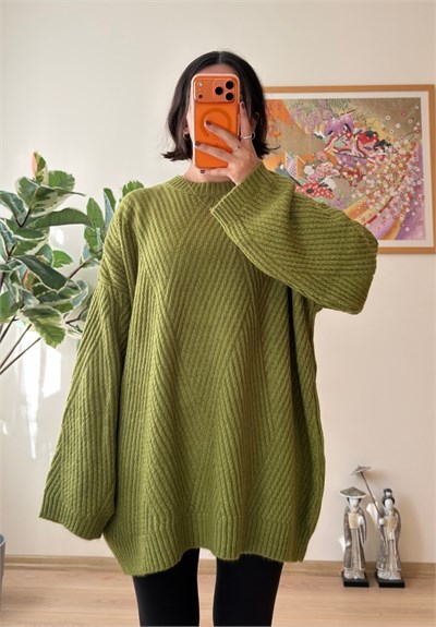 Riane Çizgi Detalı Oversize Kazak Yeşil