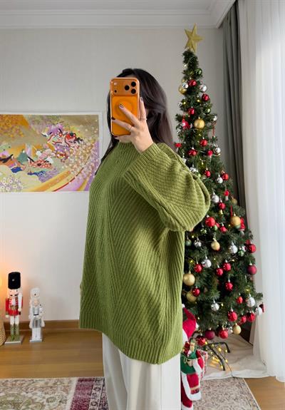Riane Çizgi Detalı Oversize Kazak Yeşil