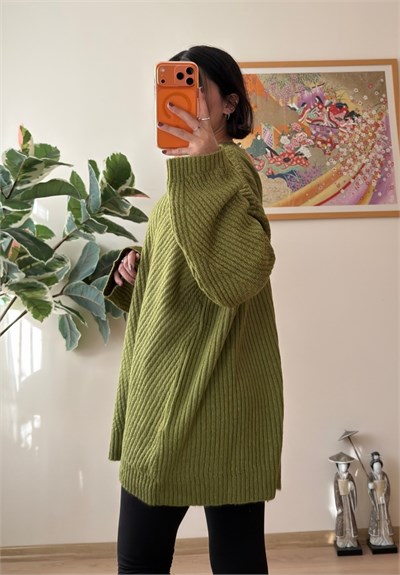 Riane Çizgi Detalı Oversize Kazak Yeşil