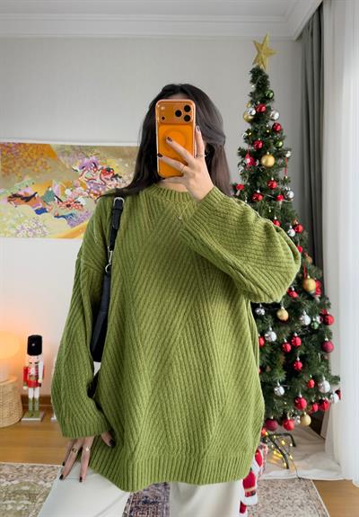 Riane Çizgi Detalı Oversize Kazak Yeşil