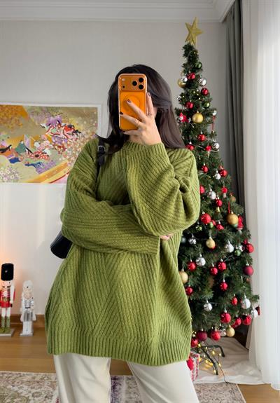 Riane Çizgi Detalı Oversize Kazak Yeşil