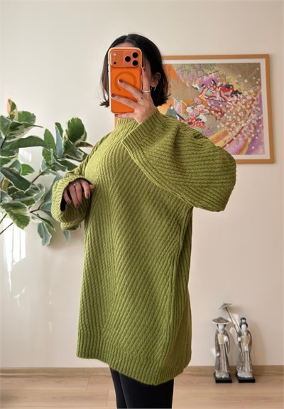 Riane Çizgi Detalı Oversize Kazak Yeşil