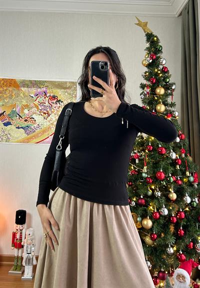 Riina Beli Lastikli Kadife Etek Bej