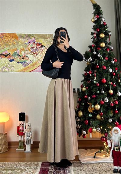 Riina Beli Lastikli Kadife Etek Bej