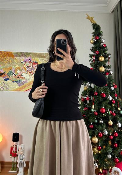 Riina Beli Lastikli Kadife Etek Bej