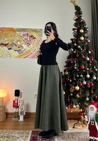 Riina Beli Lastikli Kadife Etek Haki