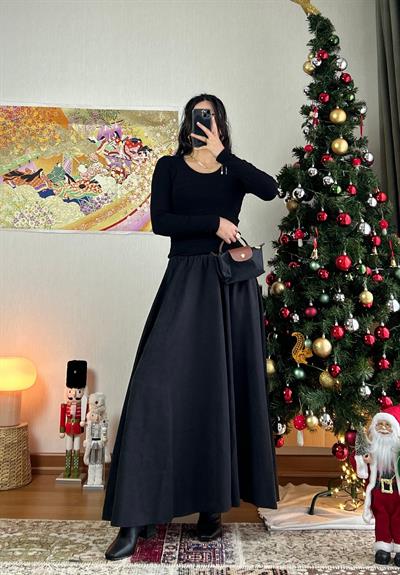 Riina Beli Lastikli Kadife Etek Siyah