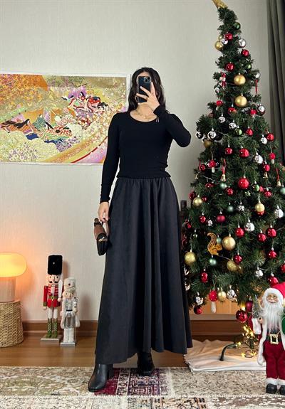 Riina Beli Lastikli Kadife Etek Siyah