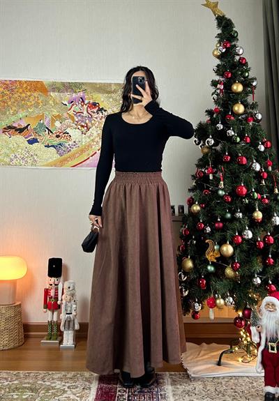 Riina Beli Lastikli Kadife Etek Taba