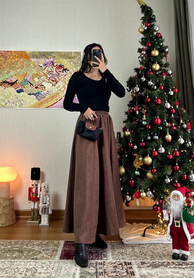 Riina Beli Lastikli Kadife Etek Taba