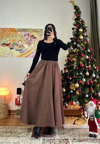 Riina Beli Lastikli Kadife Etek Taba