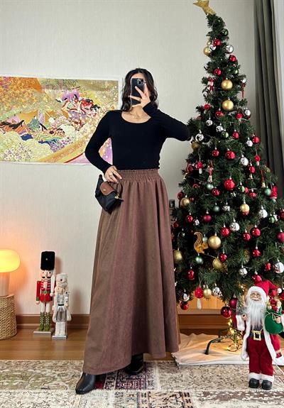 Riina Beli Lastikli Kadife Etek Taba