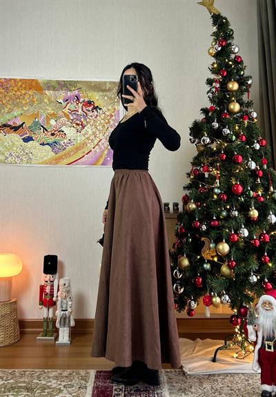 Riina Beli Lastikli Kadife Etek Taba