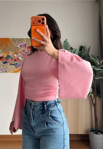 Rima Büzgü Detaylı Bluz Pembe