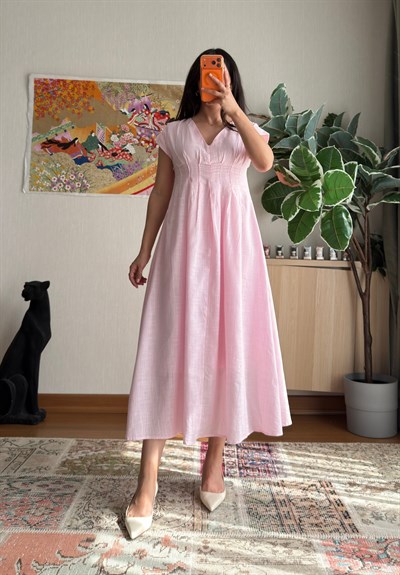 Rimi V Yaka Kolsuz Elbise Pembe