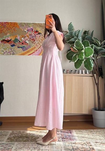 Rimi V Yaka Kolsuz Elbise Pembe