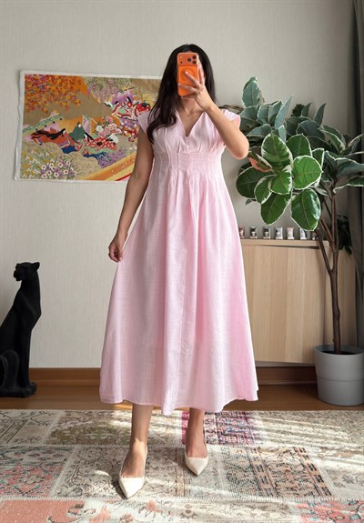 Rimi V Yaka Kolsuz Elbise Pembe