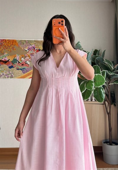 Rimi V Yaka Kolsuz Elbise Pembe