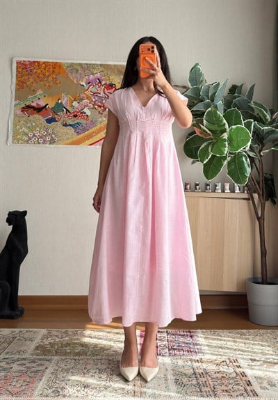 Rimi V Yaka Kolsuz Elbise Pembe