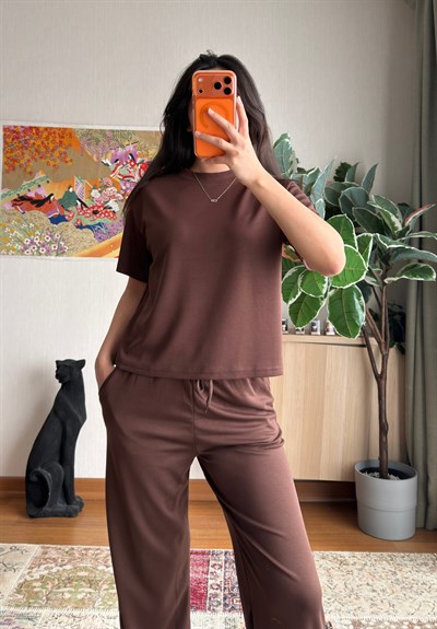 Rina Kısa Kol Modal Takım Kahve
