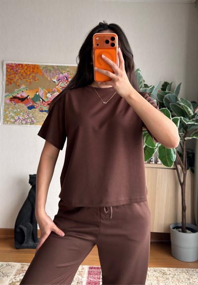 Rina Kısa Kol Modal Takım Kahve
