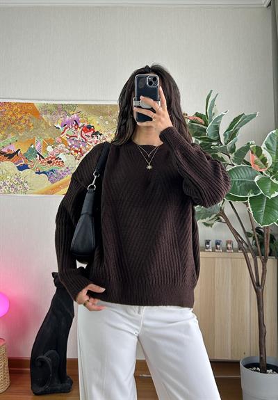 Riya Çizgili Oversize Kazak Kahve