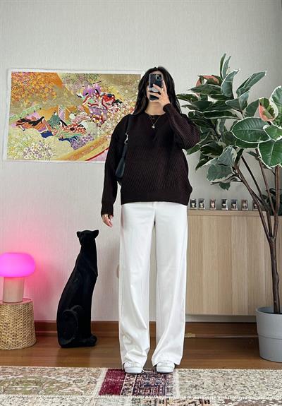 Riya Çizgili Oversize Kazak Kahve