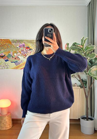 Riya Çizgili Oversize Kazak Lacivert